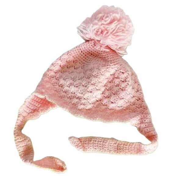 Vintage Baby Knit Crochet Pom Bonnet Hat Beanie Chin Strap Pink Handmade Boho - Picture 1 of 4
